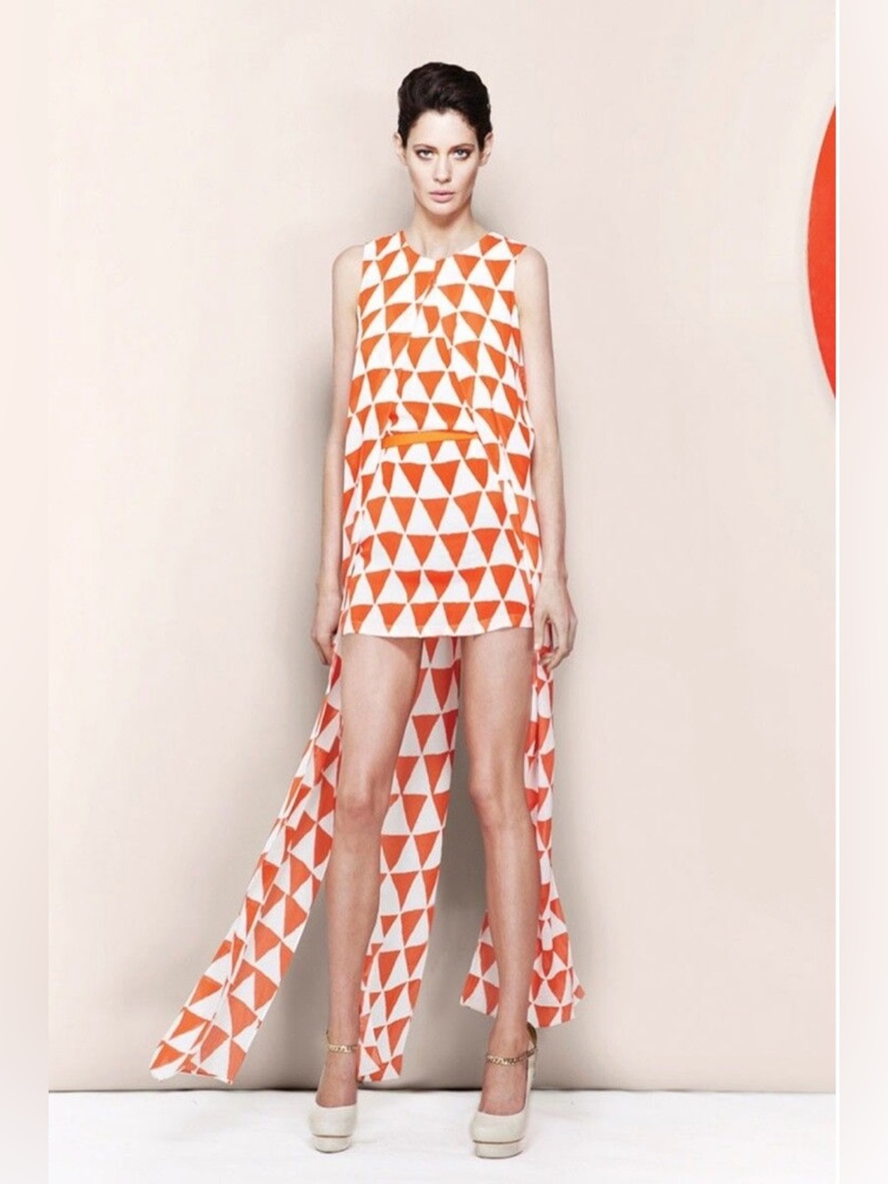 sass & bide Orange and White Geometric High-Low Dress